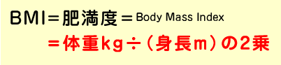 BMI=肥満度=Body Mass Index = 体重Kg÷（身長m）の2乗